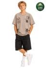 Erkek Basic Kısa Kollu %100 Pamuk Baskılı Nakış Detaylı Havalı ve Rahat Bej T-Shirt