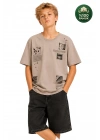 Erkek Basic Kısa Kollu %100 Pamuk Baskılı Nakış Detaylı Havalı ve Rahat Bej T-Shirt