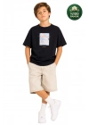 Erkek Çocuk Basic Kısa Kollu %100 Pamuk Martı Aplike Nakış Detaylı Rahat SİYAH T-Shirt