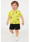 Erkek Çocuk Takım %100 Pamuk Sarı Baskılı Tişört ve Siyah Şort Alt Üst Takım