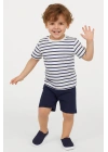 Erkek Kız Çocuk %100 Pamuk Takım Lacivert Çizgili Tişört ve Şort Unisex Alt Üst Takım