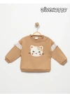 Kız Bebek Bej Renk Kedi Nakışlı Sweat