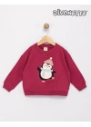 Kız Bebek Fuşya Renk Ponpon Şapkalı Tatlı Penguen Sweat