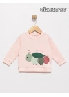 Kız Bebek Pembe Renk Yaprak Taşıyan Tırtıl Baskılı Sweat
