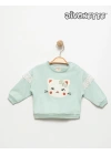 Kız Bebek Yeşil Renk Kedi Nakışlı Sweat