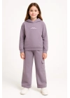 Kız Çocuk %100 Pamuk Kapüşonlu Sweatshirt Geniş Paça Lila Eşofman Takımı