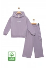 Kız Çocuk %100 Pamuk Kapüşonlu Sweatshirt Geniş Paça Lila Eşofman Takımı