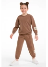 Kız Çocuk %100 Pamuk Bisiklet Yaka Sweatshirt ve Lastikli Paça 2li Kahverengi Eşofman Takımı