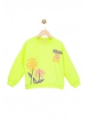 Kız Çocuk Sweatshirt Fosforlu Yeşil Uzun Kollu Yazı ve Çiçek Desenli Çocuk Sweat
