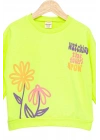 Kız Çocuk Sweatshirt Fosforlu Yeşil Uzun Kollu Yazı ve Çiçek Desenli Çocuk Sweat