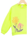 Kız Çocuk Sweatshirt Fosforlu Yeşil Uzun Kollu Yazı ve Çiçek Desenli Çocuk Sweat