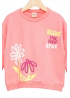Kız Çocuk Sweatshirt Pembe Uzun Kollu Yazı ve Çiçek Desenli Çocuk Sweat