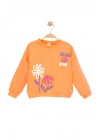 Kız Çocuk Sweatshirt Turuncu Uzun Kollu Yazı ve Çiçek Desenli Çocuk Sweat