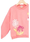 Kız Çocuk Sweatshirt Pembe Uzun Kollu Yazı ve Çiçek Desenli Çocuk Sweat