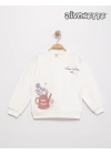 Kız Çocuk Ekru Renk Flower Love You Kedi Baskılı Sweat