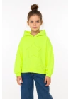 Kız Çocuk Kapşonlu Fosforlu Yeşil Sweatshirt - Yıldız Desenli Yazı Nakışlı Çocuk Sweat
