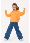 Kız Çocuk Kapşonlu Turuncu Sweatshirt - Yıldız Desenli Yazı Nakışlı Çocuk Sweat