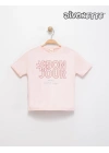 Kız Çocuk Pembe Renk Bonjour Çiçek Baskılı Tişört