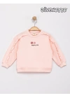 Kız Çocuk Pembe Renk Kolu Brodeli Çiçek Nakışlı Sweat