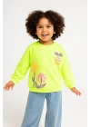 Kız Çocuk Sweatshirt Fosforlu Yeşil Uzun Kollu Yazı ve Çiçek Desenli Çocuk Sweat