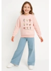 Kız Çocuk Sweatshirt Pembe Uzun Kollu Çiçek Desenli Çocuk Sweat