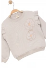 Kız Çocuk Sweatshirt Şardonlu Kumaş Gri Uzun Kollu Çiçek Desenli Çocuk Sweat