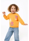 Kız Çocuk Sweatshirt Turuncu Uzun Kollu Yazı ve Çiçek Desenli Çocuk Sweat