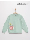Kız Çocuk Yeşil Renk Flower Love You Kedi Baskılı Sweat