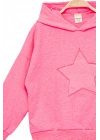 Kız Çocuk Kapşonlu Pembe Sweatshirt - Yıldız Desenli Yazı Nakışlı Çocuk Sweat