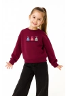 Kız Çocuk Yuvarlak Yaka Bordo Sweatshirt - Prenses Elbiseleri Desenli Nakışlı Çocuk Sweat