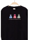 Kız Çocuk Yuvarlak Yaka Siyah Sweatshirt - Prenses Elbiseleri Desenli Nakışlı Çocuk Sweat