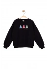 Kız Çocuk Yuvarlak Yaka Siyah Sweatshirt - Prenses Elbiseleri Desenli Nakışlı Çocuk Sweat