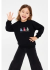 Kız Çocuk Yuvarlak Yaka Siyah Sweatshirt - Prenses Elbiseleri Desenli Nakışlı Çocuk Sweat