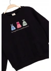 Kız Çocuk Yuvarlak Yaka Siyah Sweatshirt - Prenses Elbiseleri Desenli Nakışlı Çocuk Sweat