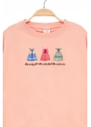 Kız Çocuk Yuvarlak Yaka Yavruağzı Sweatshirt - Prenses Elbiseleri Desenli Nakışlı Çocuk Sweat