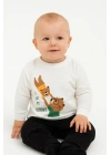 Kız Erkek Çocuk İnce Mevsimlik %100 Pamuk Uzun Kollu Ayıcık Desenli Unisex Ekru T-shirt