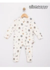 Unisex Bebek Ekru / Hayvan Renk Dijital Baskılı Manşetli Tulum