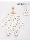 Unisex Bebek Ekru / Hayvan Renk Dijital Baskılı Patikli Tulum