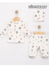 Unisex Bebek Ekru / Hayvan Renk Şapkalı Patikli 3 Lü Takım