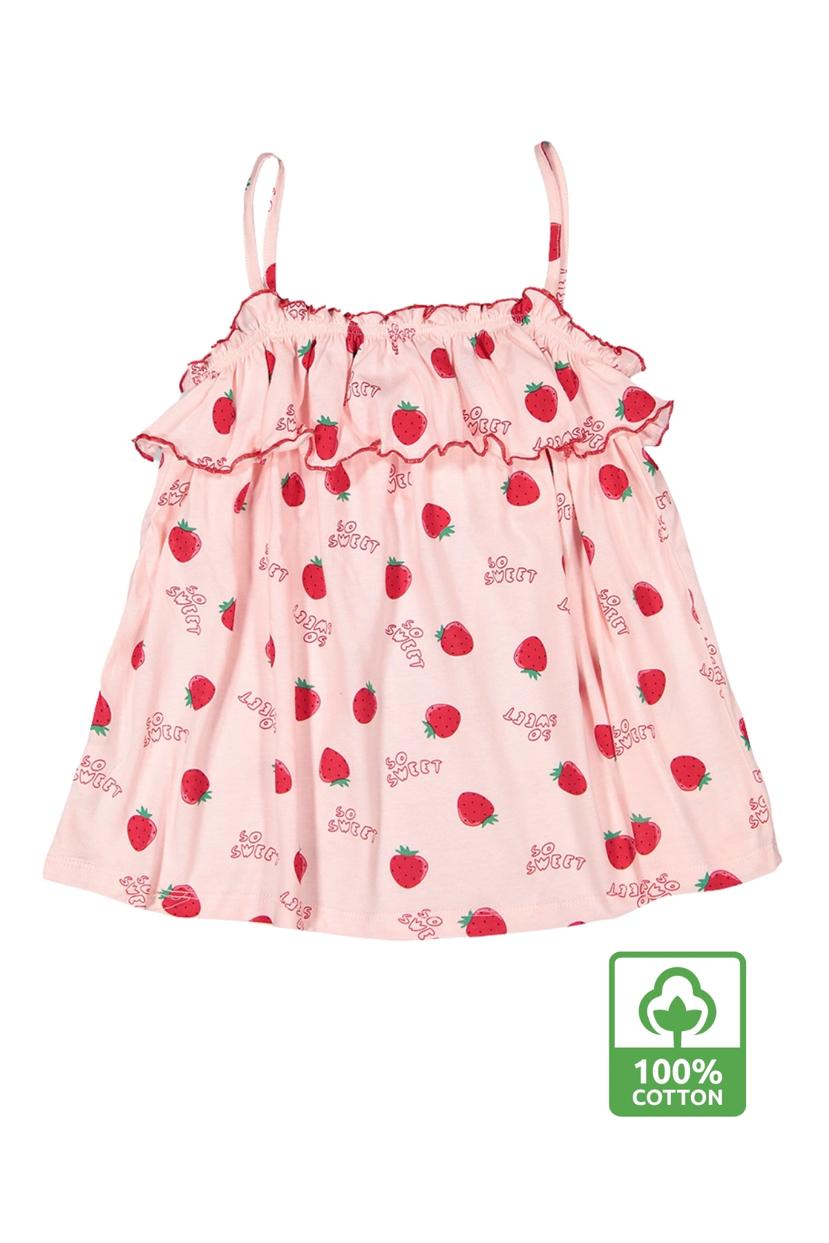 Kız Çocuk Pembe İp Askılı %100 Pamuk Yazlık Çilek Desenli Fırfırlı Bluz