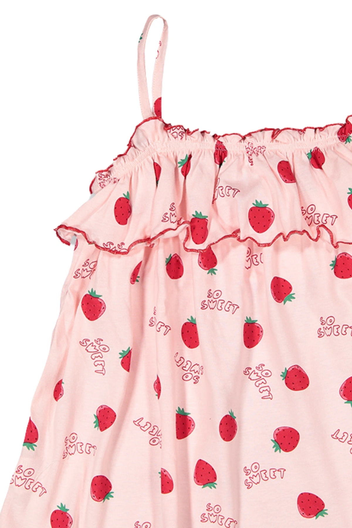Kız Çocuk Pembe İp Askılı %100 Pamuk Yazlık Çilek Desenli Fırfırlı Bluz