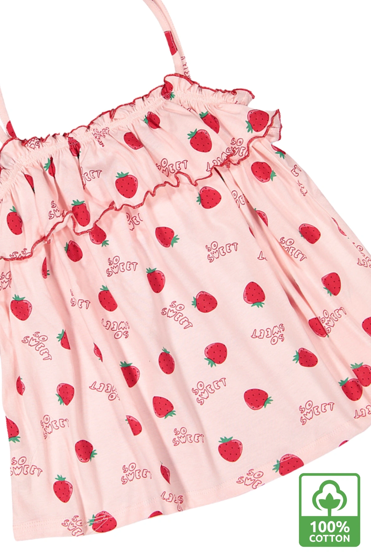 Kız Çocuk Pembe İp Askılı %100 Pamuk Yazlık Çilek Desenli Fırfırlı Bluz