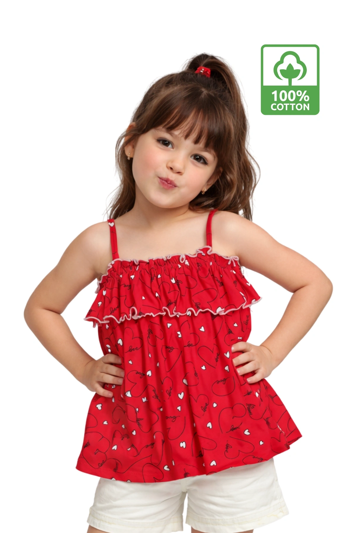 Kız Çocuk Kırmızı İp Askılı %100 Pamuk Yazlık Kalp Desenli Fırfırlı Bluz