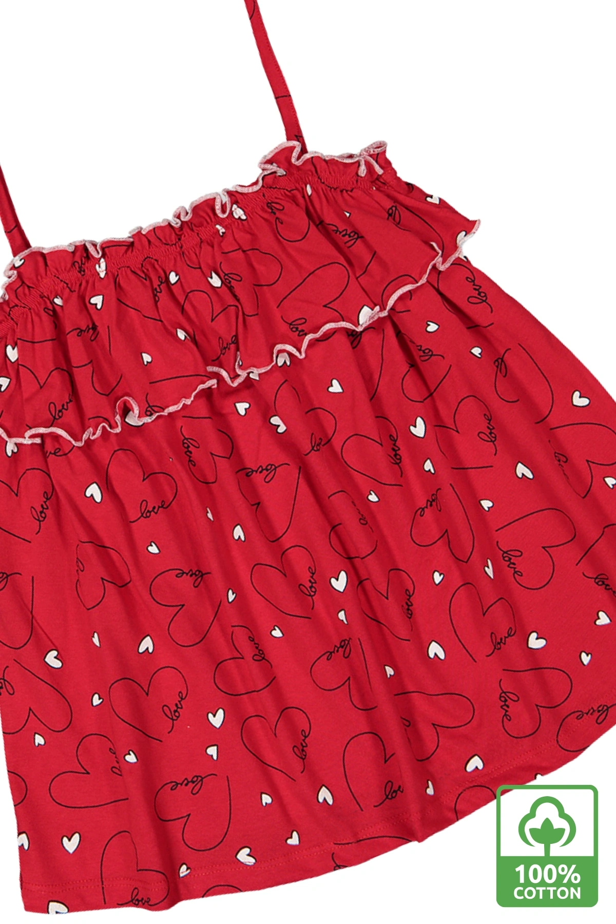 Kız Çocuk Kırmızı İp Askılı %100 Pamuk Yazlık Kalp Desenli Fırfırlı Bluz