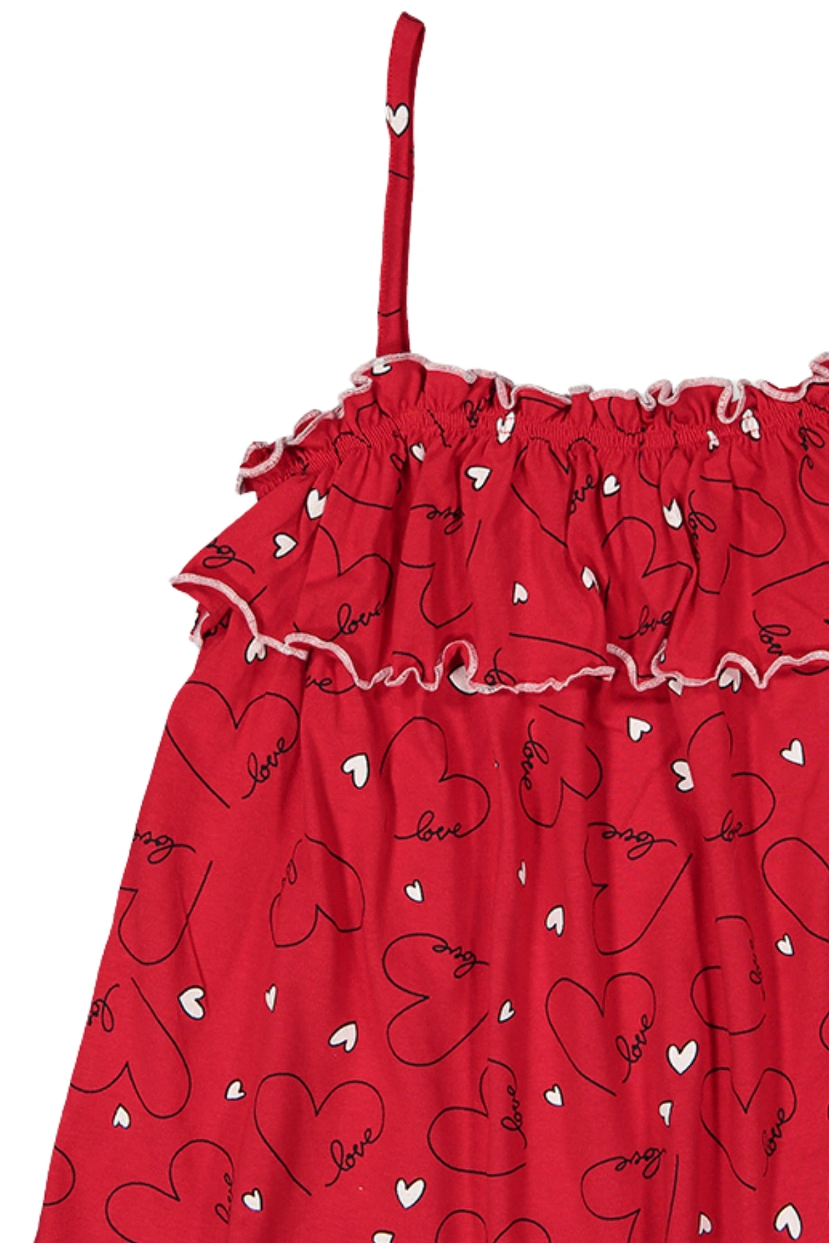 Kız Çocuk Kırmızı İp Askılı %100 Pamuk Yazlık Kalp Desenli Fırfırlı Bluz