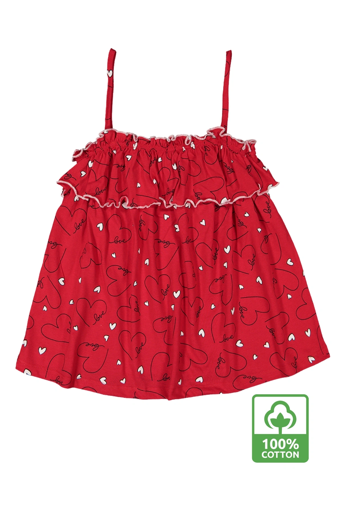 Kız Çocuk Kırmızı İp Askılı %100 Pamuk Yazlık Kalp Desenli Fırfırlı Bluz