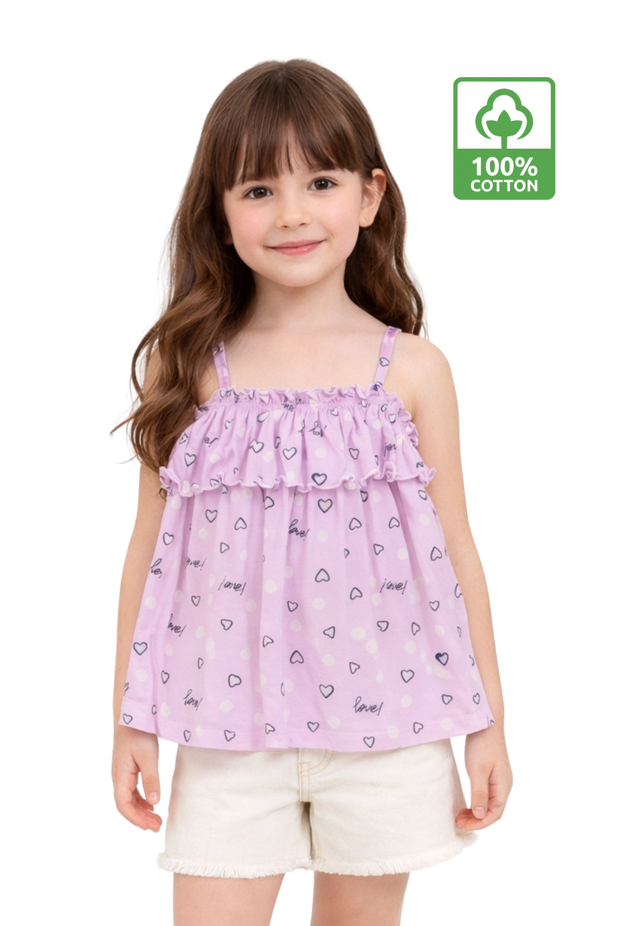 Kız Çocuk Lila İp Askılı %100 Pamuk Yazlık Kalpli Yazı Desenli Fırfırlı Bluz