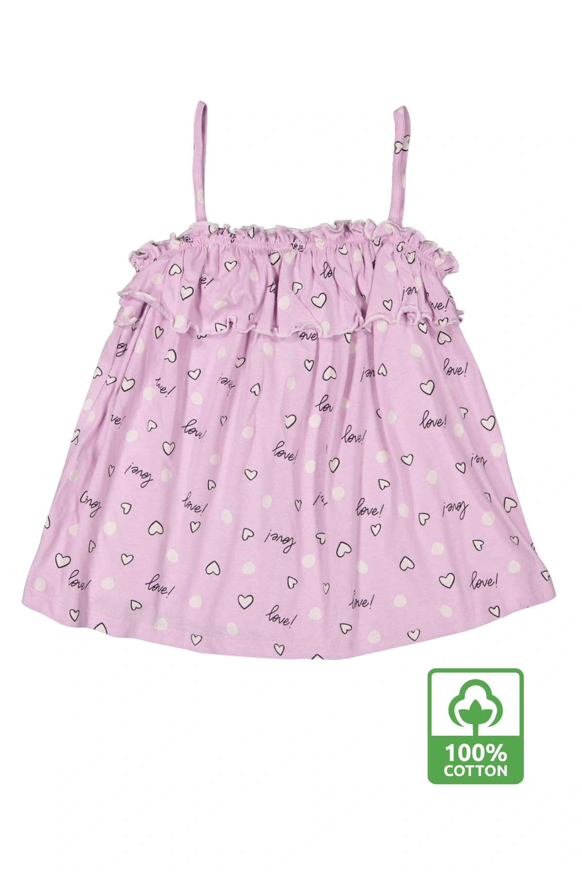 Kız Çocuk Lila İp Askılı %100 Pamuk Yazlık Kalpli Yazı Desenli Fırfırlı Bluz