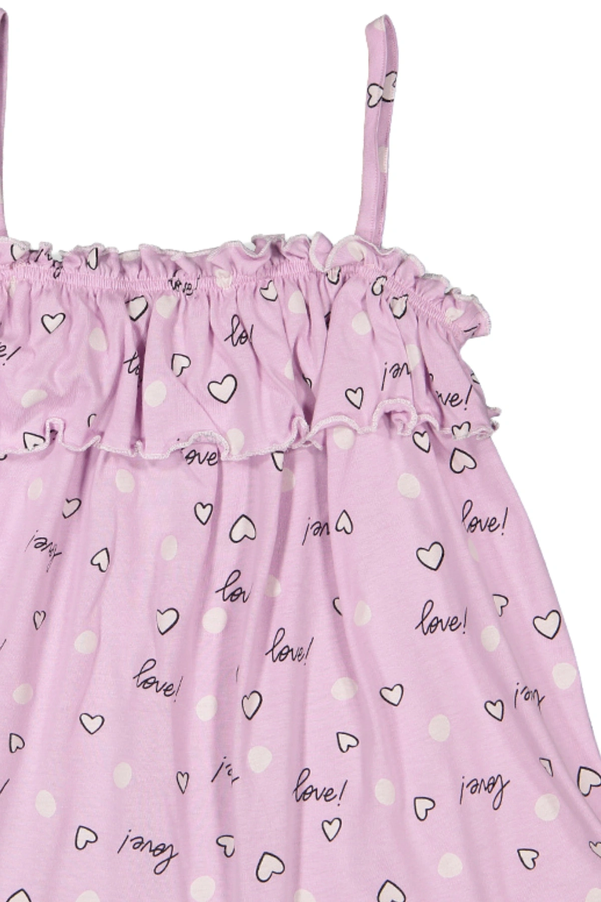 Kız Çocuk Lila İp Askılı %100 Pamuk Yazlık Kalpli Yazı Desenli Fırfırlı Bluz