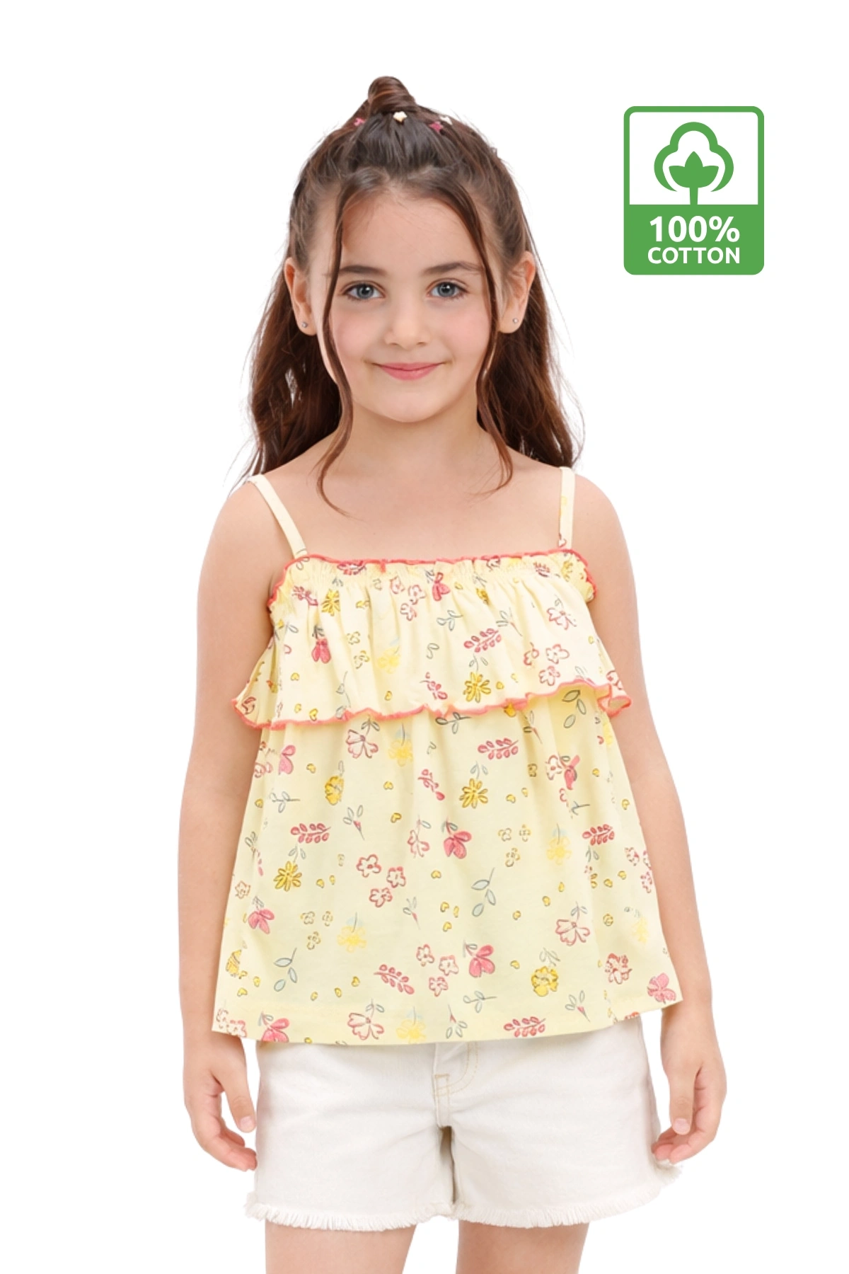 Kız Çocuk Sarı İp Askılı %100 Pamuk Yazlık Çiçek Desenli Fırfırlı Bluz